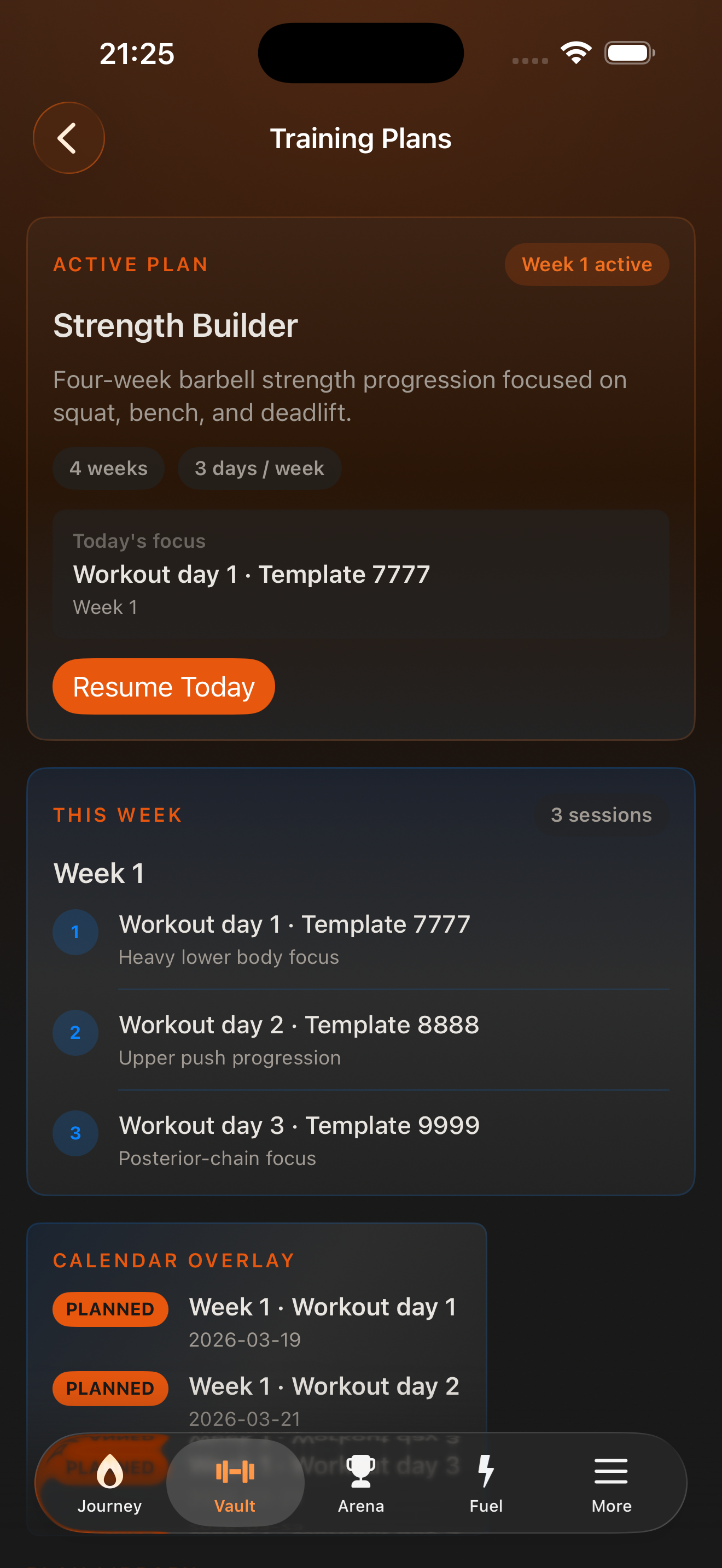 FitKind Vault screen showing the exercise library, workout templates, and calculators.